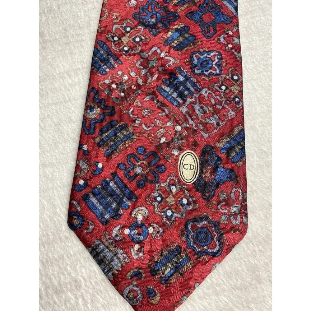 Christian Dior Monsieur Neck Tie Red & Blue Geometric 3.5”W x 57”L USA Made